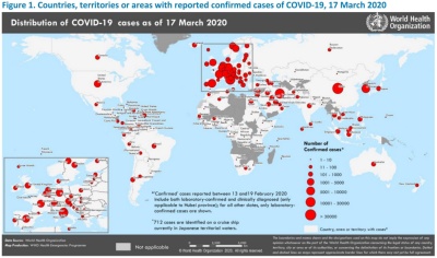 全世界における新型コロナウイルスの感染状況（2020年3月17日午前10時＝欧州中央時間、出典：WHO）